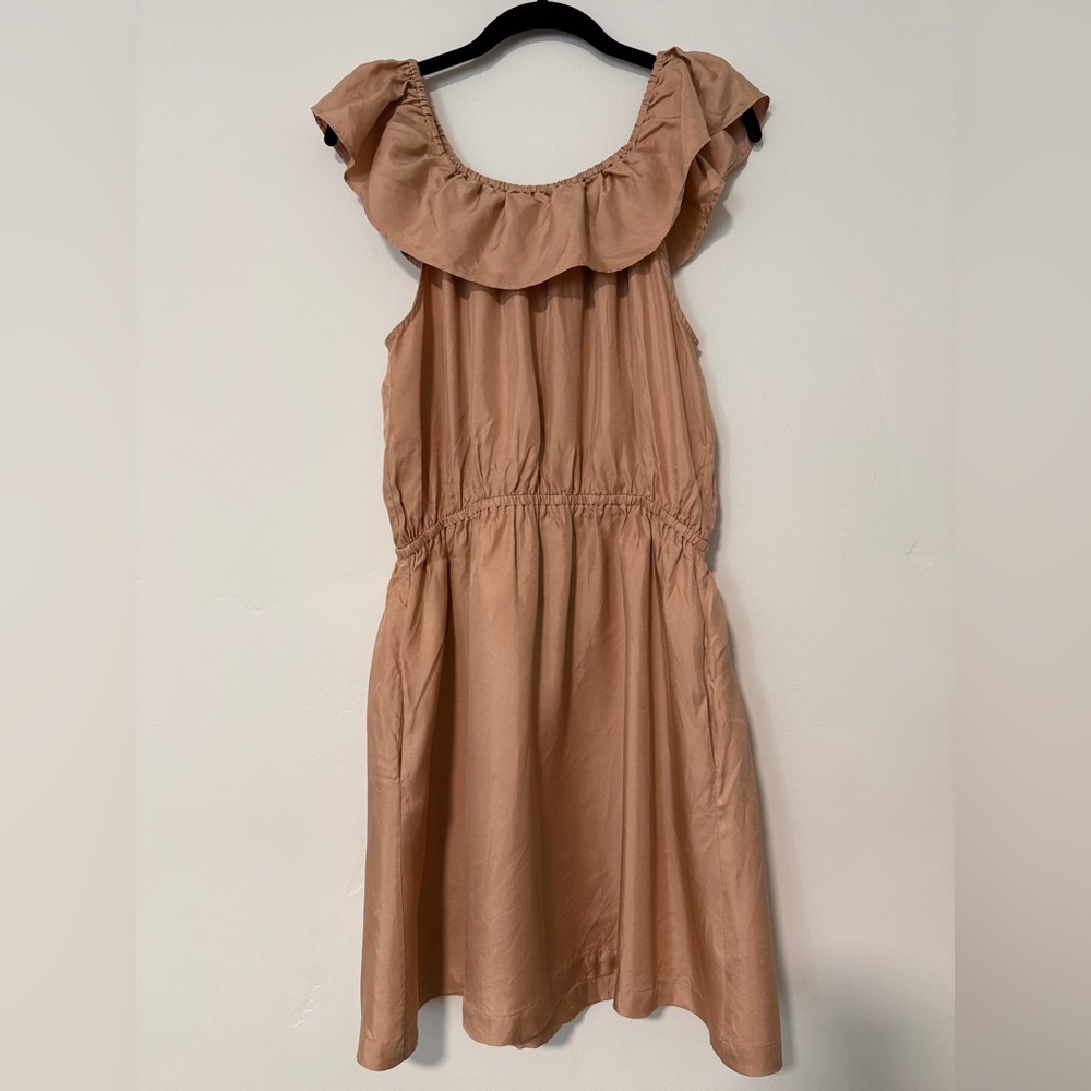 J Crew 100% Silk Ruffled Tan Sleeveless Dress with Pockets Size Medium